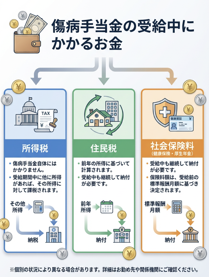 傷病手当金の受給中にかかるお金(所得税・住民税・社会保険料)