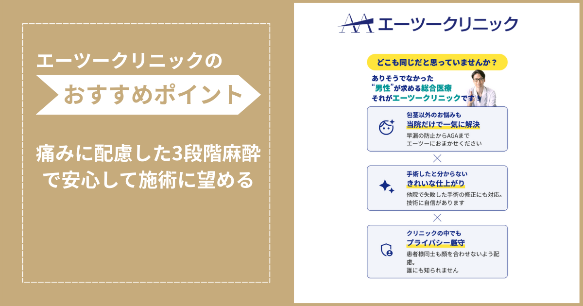 エーツークリニックの包茎手術のおすすめポイントをまとめたイラスト画像