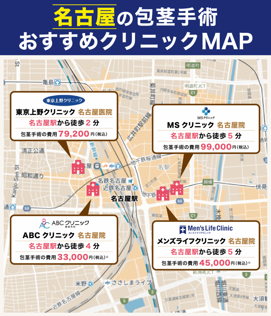 名古屋の包茎手術ができるおすすめクリニックに関するイラストマップ