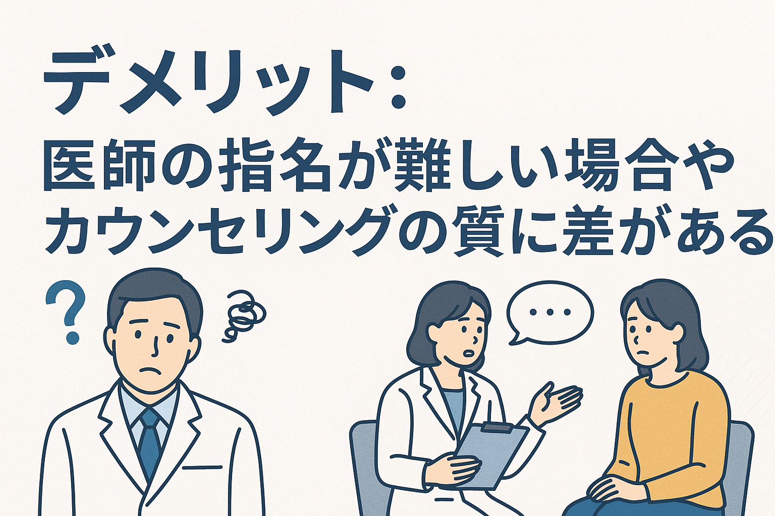 デメリット：医師の指名が難しい場合やカウンセリングの質に差がある