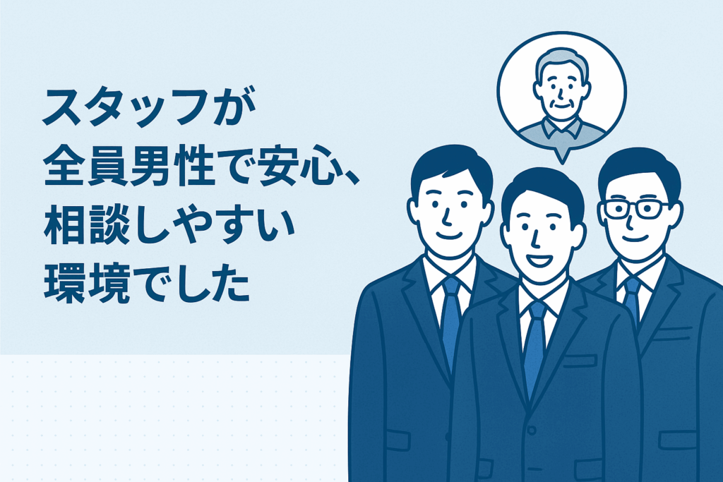 スタッフが全員男性で安心、相談しやすい環境でした
