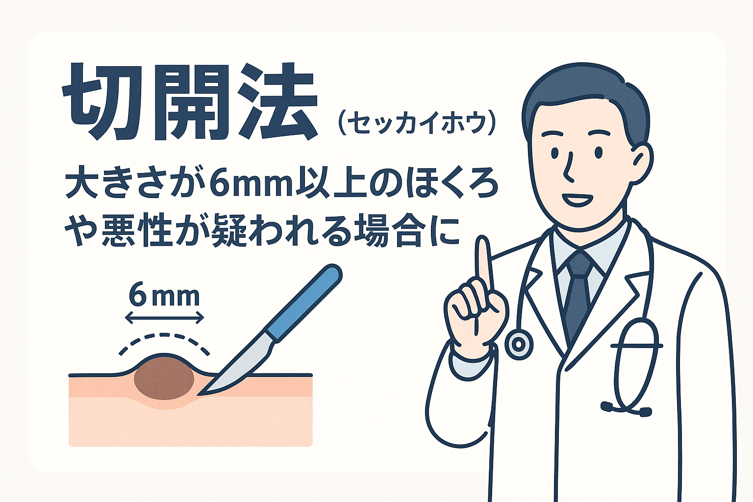 切開法：大きさが6mm以上のほくろや悪性が疑われる場合に