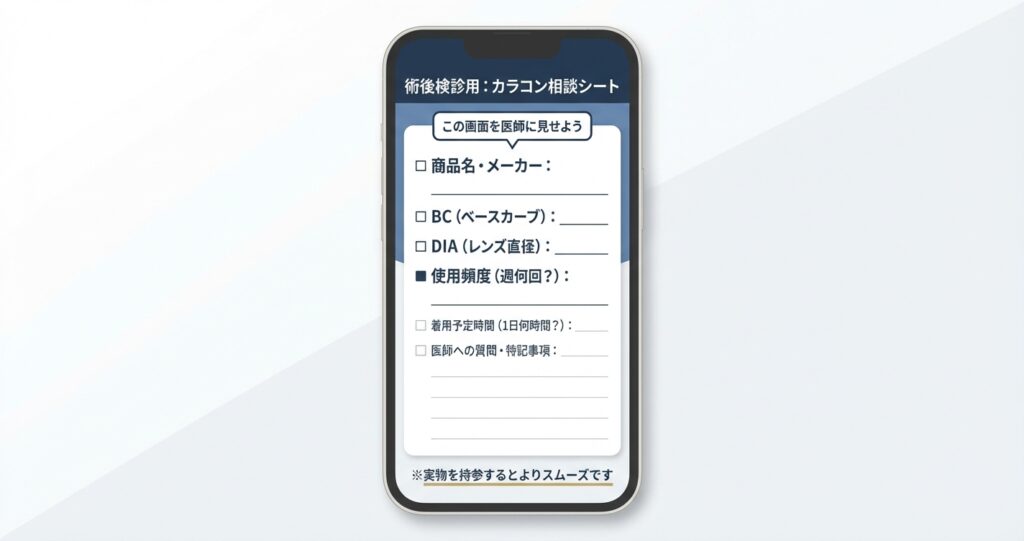 術後検診で見せるカラコン相談シート