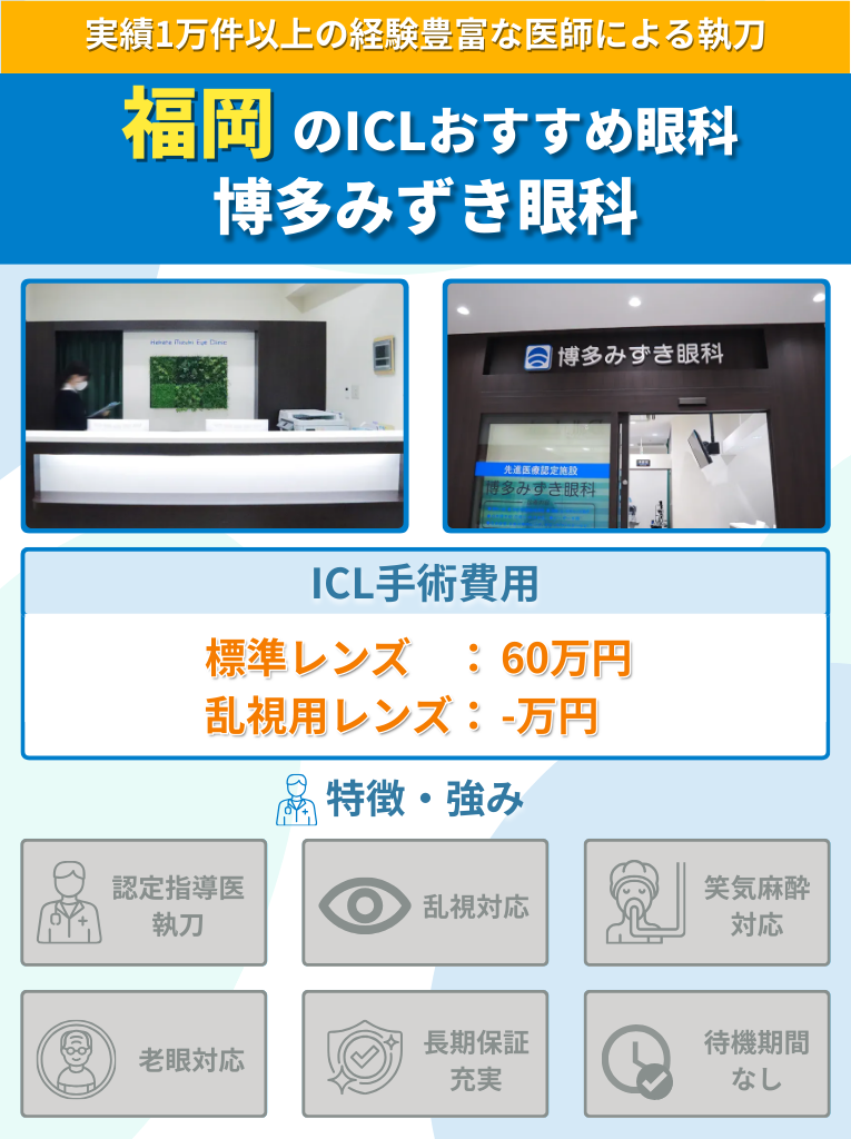 博多みずき眼科のICL手術に関して費用や特長をまとめた画像