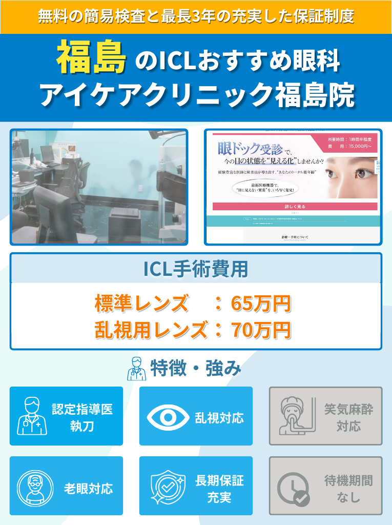 アイケアクリニックのICL手術に関して費用や特長をまとめた画像