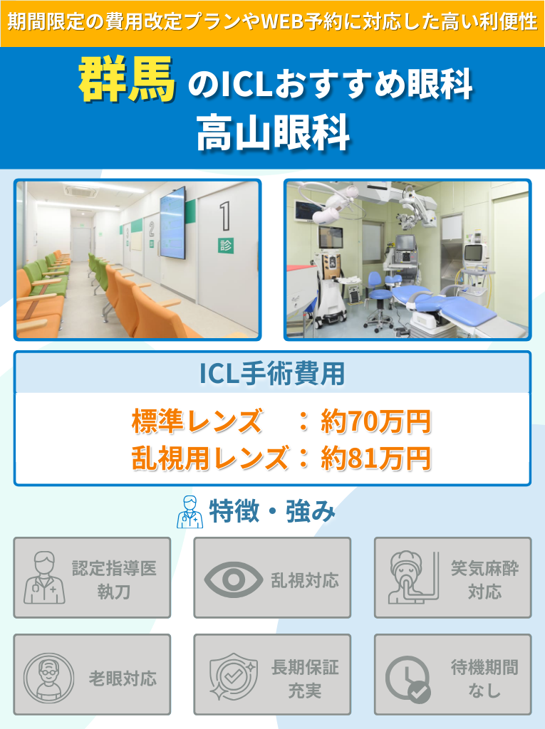 高山眼科のICL手術に関して費用や特長をまとめた画像