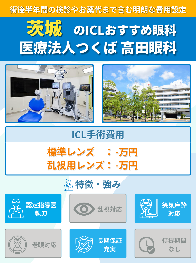 高田眼科のICL手術に関して費用や特長をまとめた画像