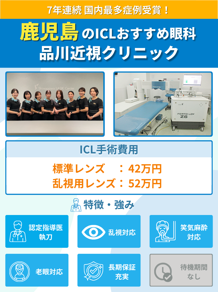 鹿児島周辺のICLおすすめ眼科 品川近視クリニックのICL手術費用や強みをまとめた画像