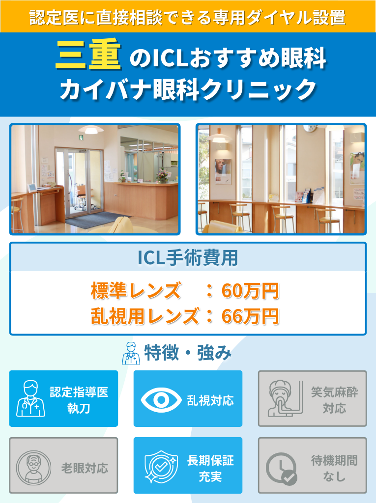 カイバナ眼科クリニックのICL手術に関して費用や特長をまとめた画像