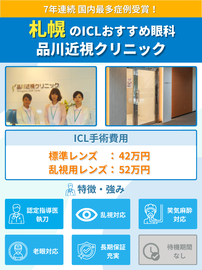札幌周辺のICLおすすめ眼科 品川近視クリニックのICL手術費用や強みをまとめた画像