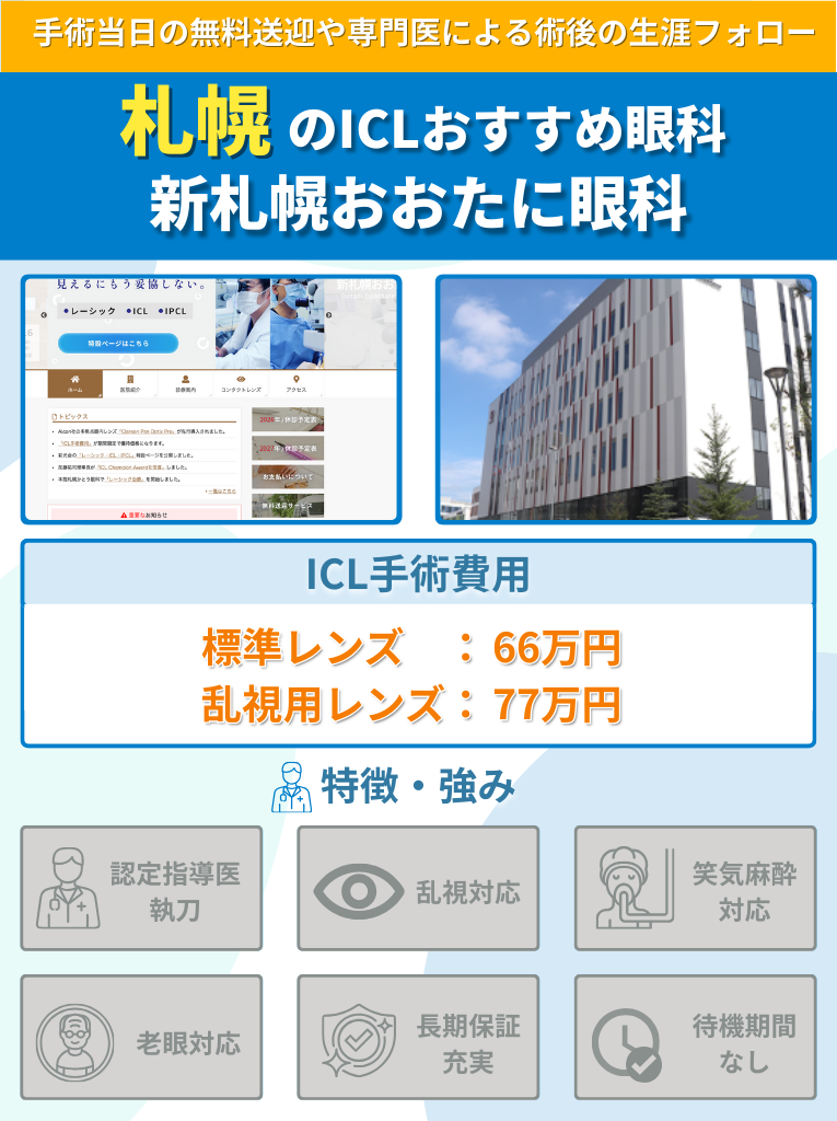 新札幌おおたに眼科のICL手術に関して費用や特長をまとめた画像