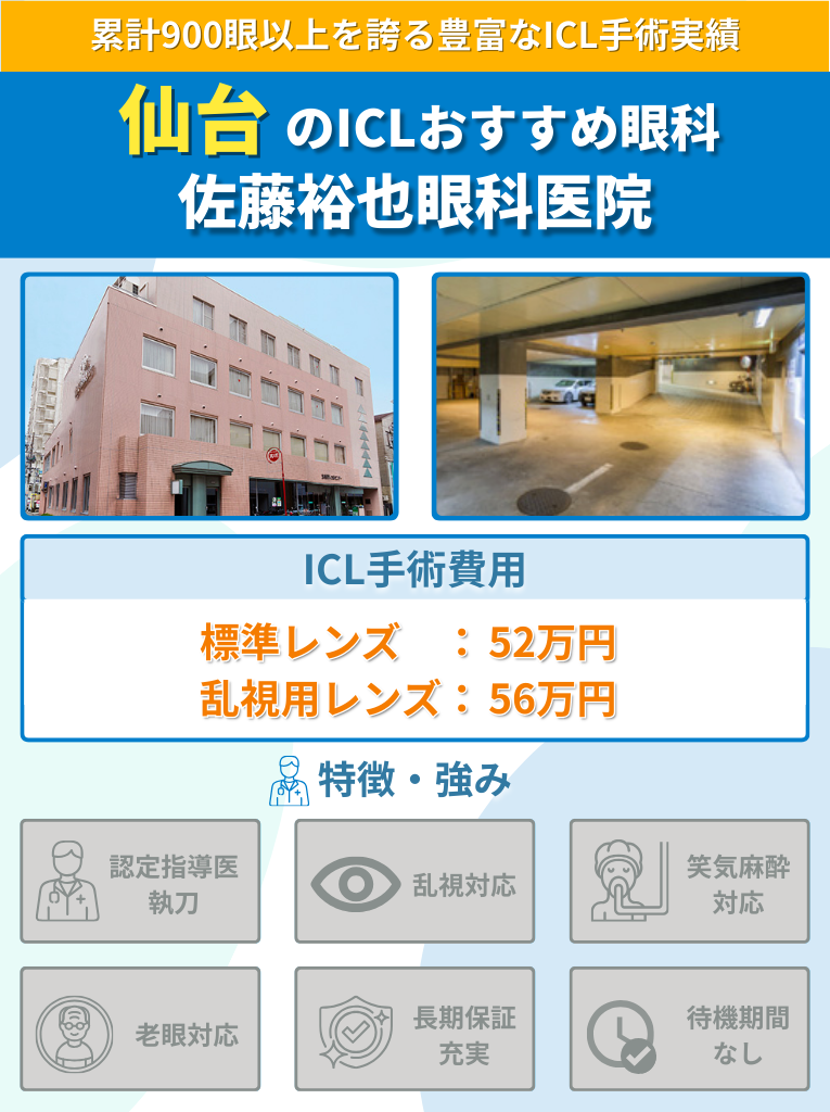 仙台周辺のICLおすすめ眼科 佐藤裕也眼科医院のICL手術費用や強みをまとめた画像