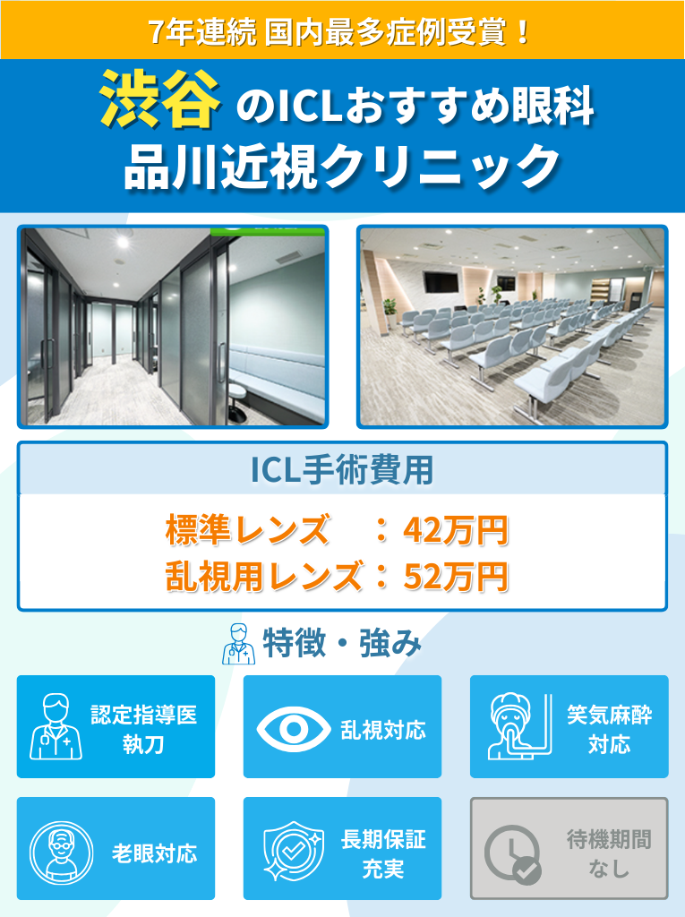 渋谷周辺のICLおすすめ眼科 品川近視クリニックのICL手術費用や強みをまとめた画像