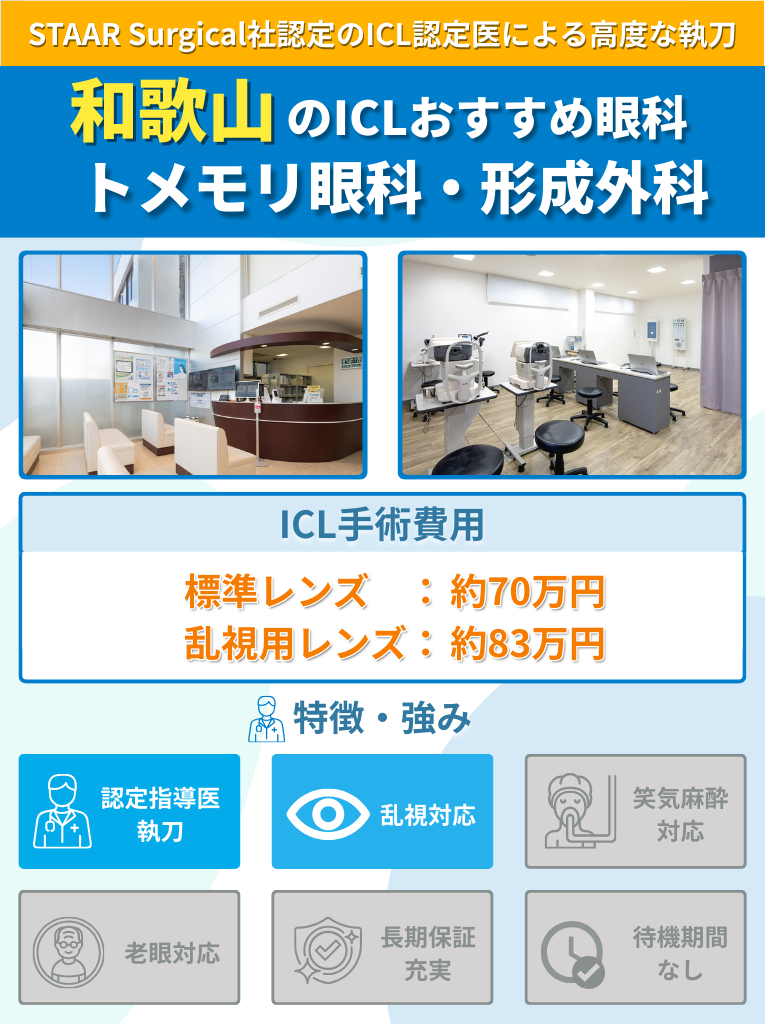 トメモリ眼科・形成外科のICL手術に関して費用や特長をまとめた画像